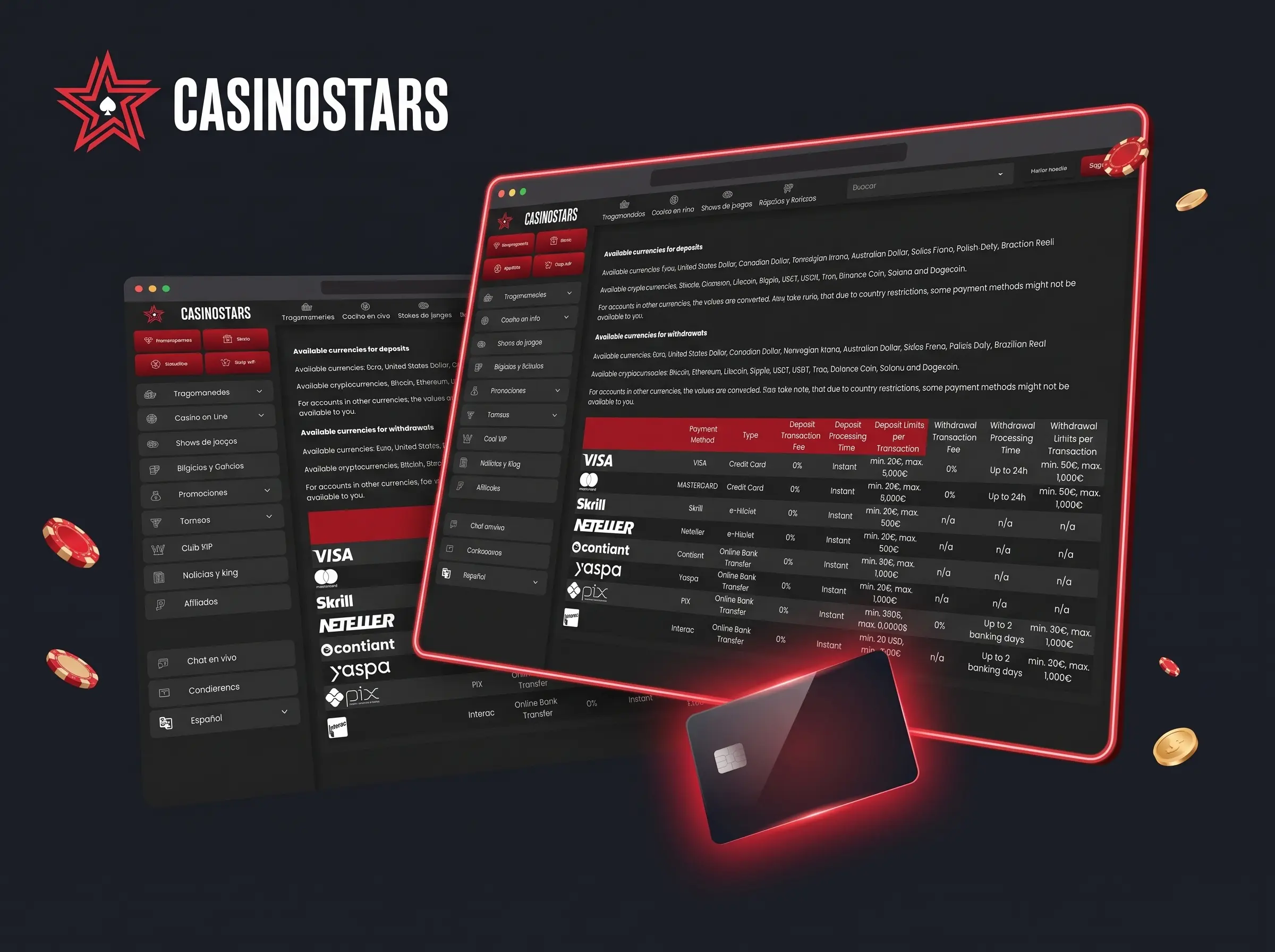 Página de métodos de pago de Casinostars con tarjeta bancaria y monedas