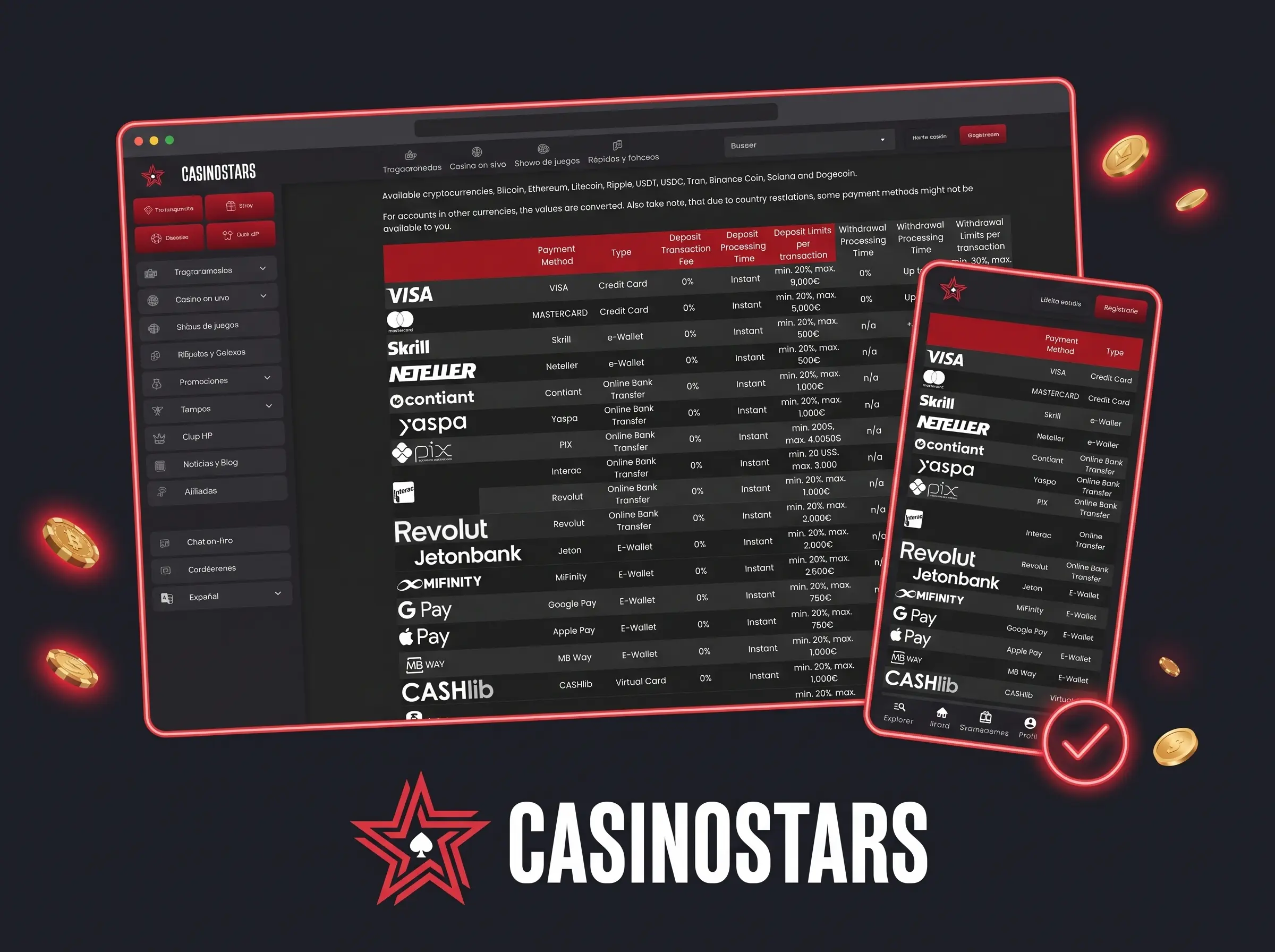 Tabla de métodos de pago y retiro de Casinostars en el navegador y en el móvil